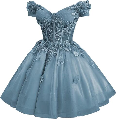 Zhangyo Sparkly Tulle Homecoming Dresses for Teens Off Shoulder DAMA Dresses for Quinceanera 3D Butterfly Short Ball Gown in Kuwait