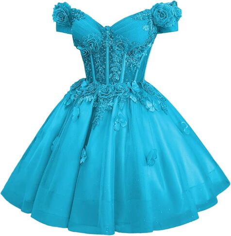 Zhangyo Sparkly Tulle Homecoming Dresses for Teens Off Shoulder DAMA Dresses for Quinceanera 3D Butterfly Short Ball Gown in Kuwait
