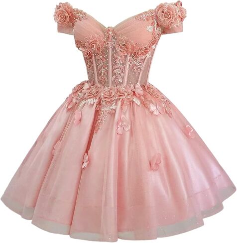Zhangyo Sparkly Tulle Homecoming Dresses for Teens Off Shoulder DAMA Dresses for Quinceanera 3D Butterfly Short Ball Gown in Kuwait