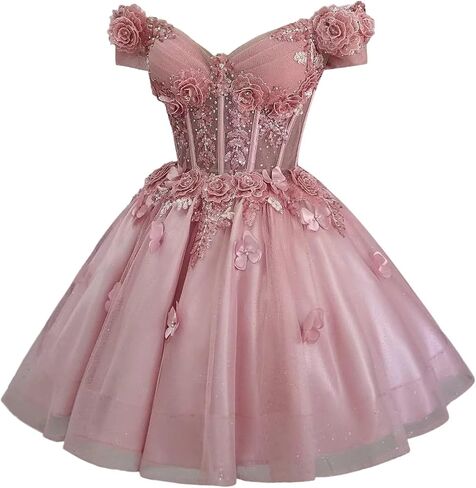 Zhangyo Sparkly Tulle Homecoming Dresses for Teens Off Shoulder DAMA Dresses for Quinceanera 3D Butterfly Short Ball Gown in Kuwait