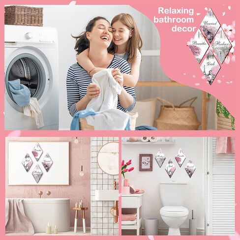 Gerrii Pink and Grey Bathroom Decor Pink Paris Decor Relax Soak Unwind Breathe Pink Gray Wall Art Pink Bathroom Accessories (Rectangle, 11.81 x 3.15 Inch) in Kuwait