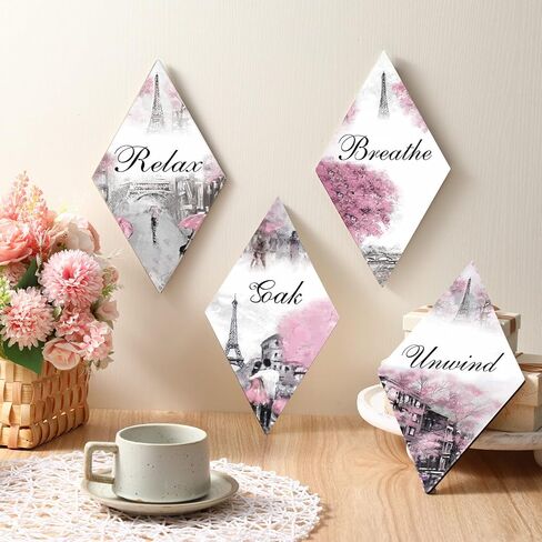 Gerrii Pink and Grey Bathroom Decor Pink Paris Decor Relax Soak Unwind Breathe Pink Gray Wall Art Pink Bathroom Accessories (Rectangle, 11.81 x 3.15 Inch) in Kuwait