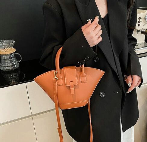 Trendy Fan-shaped Bucket Bag for Women Retro PU Leather Shoulder Crossbody Bag with Top Handle Satchel Purse in Kuwait