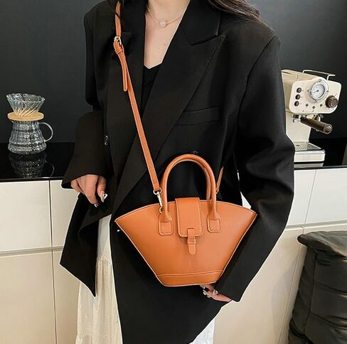 Trendy Fan-shaped Bucket Bag for Women Retro PU Leather Shoulder Crossbody Bag with Top Handle Satchel Purse in Kuwait