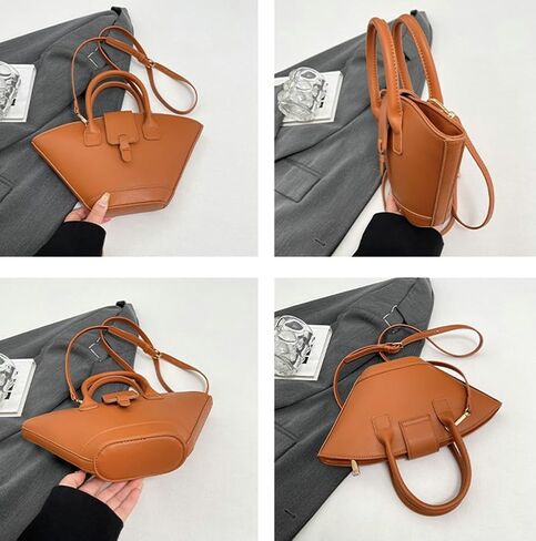 Trendy Fan-shaped Bucket Bag for Women Retro PU Leather Shoulder Crossbody Bag with Top Handle Satchel Purse in Kuwait