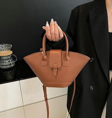 Trendy Fan-shaped Bucket Bag for Women Retro PU Leather Shoulder Crossbody Bag with Top Handle Satchel Purse in Kuwait