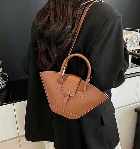 Trendy Fan-shaped Bucket Bag for Women Retro PU Leather Shoulder Crossbody Bag with Top Handle Satchel Purse in Kuwait
