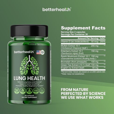 Lung Health Daily Respiratory Health Supplement with Mullein Leaf, Vitamin D, Elderberry, | Allergy, Sinus, and Mucus Relief, Lung Cleanse Detox Formula (60 Capsules) in Saudi Arabia