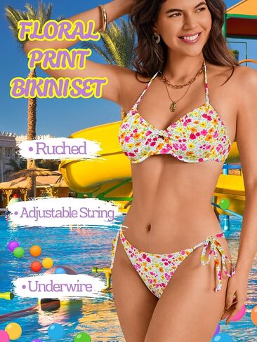 Underwire Push-Up Cute Floral Bikini Sets for Women&Teen Girls, String Halter Top&Cheeky Side-Tie Bottom 2 Piece in Kuwait