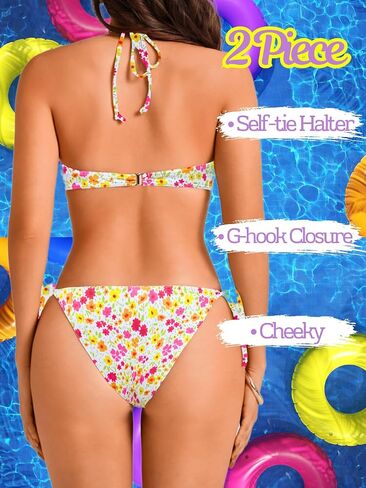 Underwire Push-Up Cute Floral Bikini Sets for Women&Teen Girls, String Halter Top&Cheeky Side-Tie Bottom 2 Piece in Kuwait