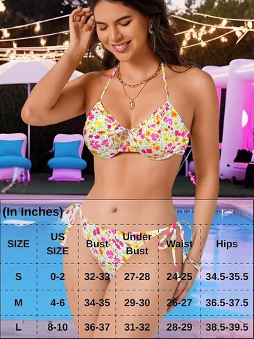 Underwire Push-Up Cute Floral Bikini Sets for Women&Teen Girls, String Halter Top&Cheeky Side-Tie Bottom 2 Piece in Kuwait