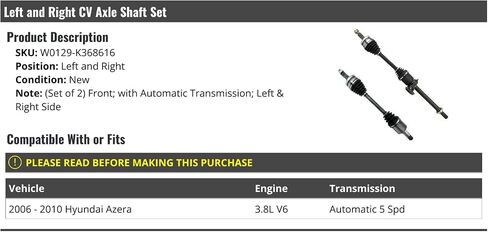 مجموعة عمود محور CV الأمامي من 2 - متوافقة مع 2006-2010 Hyundai Azera 3.8L V6 5 SPD ناقل حركة أوتوماتيكي in Saudi Arabia