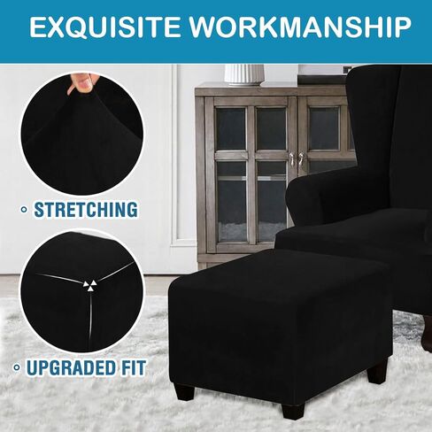 Square Ottoman Covers Square Footstool Protector Covers Ottoman Slipcover Velvet Plush Fabric Storage Stool Ottoman Covers Stretch with Elastic Bottom, Black in Kuwait