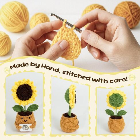 الدعم العاطفي دمية عباد الشمس الكروشيه - هدية تأكيد إيجابي مصنوعة يدويًا للنساء والأصدقاء وزملاء العمل والمعلمين - رفعت زهرة التشجيع في وعاء الغزل in Kuwait