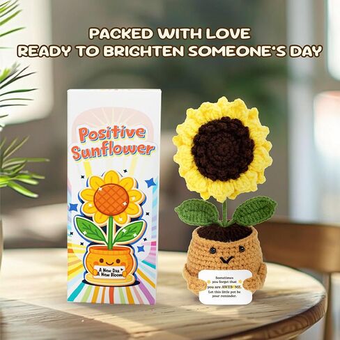 الدعم العاطفي دمية عباد الشمس الكروشيه - هدية تأكيد إيجابي مصنوعة يدويًا للنساء والأصدقاء وزملاء العمل والمعلمين - رفعت زهرة التشجيع في وعاء الغزل in Kuwait