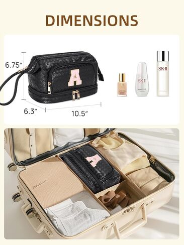 حقيبة مكياج تيلينا ذات سعة كبيرة للسفر وحقائب مستحضرات التجميل بطبقة مزدوجة من الجلد المحمول للنساء باللون البيج والبني in Kuwait