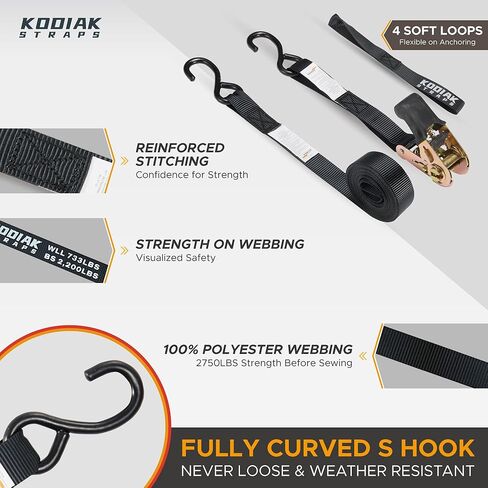 أحزمة Kodiak Ratchet أحزمة التعادل الثقيل لأسفل حزام مجموعة 2200 قوة كسر-1 "× 17 '4pk مع حلقات شحنة سرير الشاحنات الناعمة-S-Hook-Hook وحمل حقيبة لتأمين البضائع الأسود in Kuwait