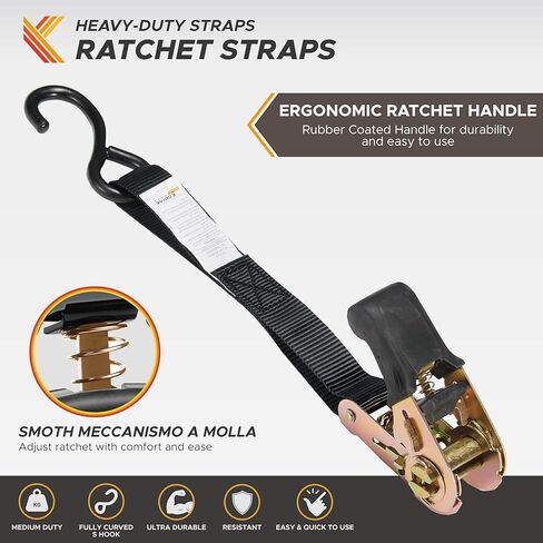 أحزمة Kodiak Ratchet أحزمة التعادل الثقيل لأسفل حزام مجموعة 2200 قوة كسر-1 "× 17 '4pk مع حلقات شحنة سرير الشاحنات الناعمة-S-Hook-Hook وحمل حقيبة لتأمين البضائع الأسود in Kuwait