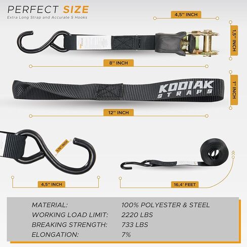 أحزمة Kodiak Ratchet أحزمة التعادل الثقيل لأسفل حزام مجموعة 2200 قوة كسر-1 "× 17 '4pk مع حلقات شحنة سرير الشاحنات الناعمة-S-Hook-Hook وحمل حقيبة لتأمين البضائع الأسود in Kuwait
