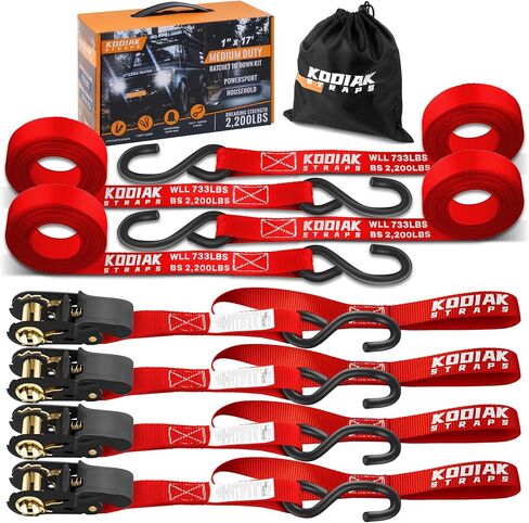 KODIAK STRAPS Ratchet Straps Heavy Duty Tie Down Strap Set 2200 Break Strength – 1" x 17' 4pk with Soft Loops Cargo Truck Bed Tie Downs – Coated Deep S-Hook & Carry Bag for Securing Cargo Black in Kuwait