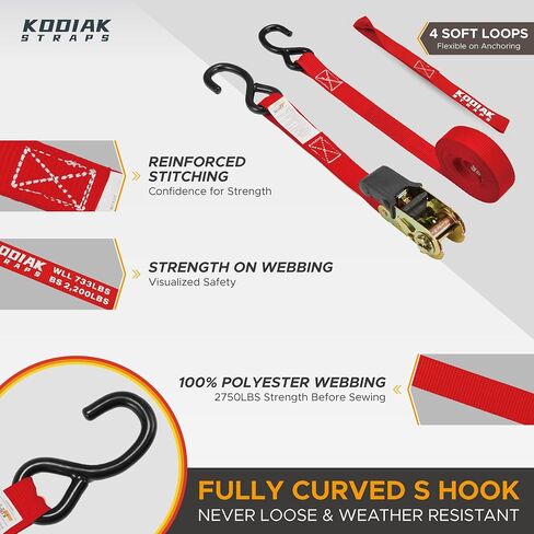 KODIAK STRAPS Ratchet Straps Heavy Duty Tie Down Strap Set 2200 Break Strength – 1" x 17' 4pk with Soft Loops Cargo Truck Bed Tie Downs – Coated Deep S-Hook & Carry Bag for Securing Cargo Black in Kuwait
