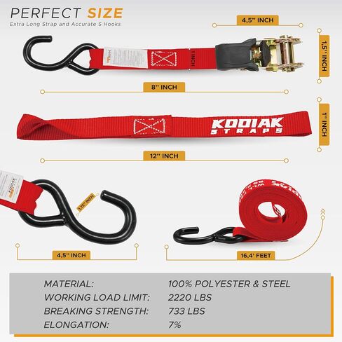 KODIAK STRAPS Ratchet Straps Heavy Duty Tie Down Strap Set 2200 Break Strength – 1" x 17' 4pk with Soft Loops Cargo Truck Bed Tie Downs – Coated Deep S-Hook & Carry Bag for Securing Cargo Black in Kuwait