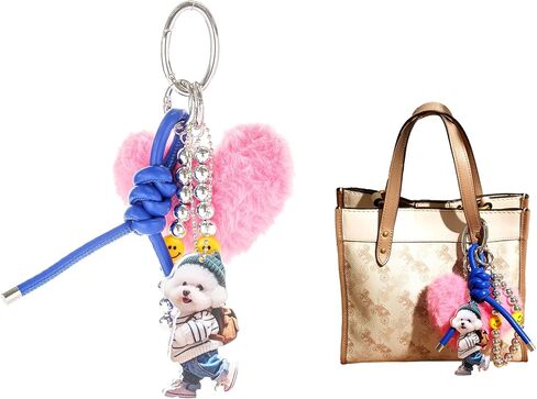 Heart pom Keychain for Women Plush Bag Charm Set, Blue PU Leather Strap & Dog Tag | Cute Purse Charms for Handbags in Kuwait