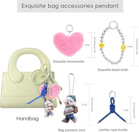 Heart pom Keychain for Women Plush Bag Charm Set, Blue PU Leather Strap & Dog Tag | Cute Purse Charms for Handbags in Kuwait
