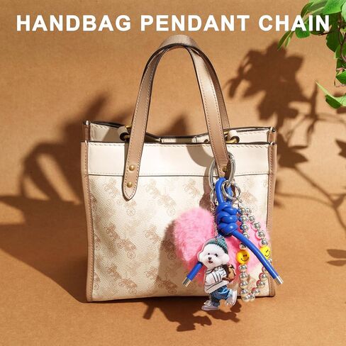 Heart pom Keychain for Women Plush Bag Charm Set, Blue PU Leather Strap & Dog Tag | Cute Purse Charms for Handbags in Kuwait