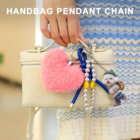 Heart pom Keychain for Women Plush Bag Charm Set, Blue PU Leather Strap & Dog Tag | Cute Purse Charms for Handbags in Kuwait