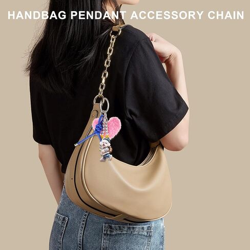 Heart pom Keychain for Women Plush Bag Charm Set, Blue PU Leather Strap & Dog Tag | Cute Purse Charms for Handbags in Kuwait