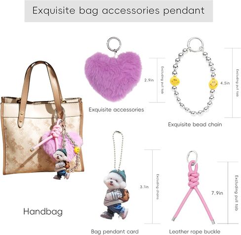 Heart pom Keychain for Women Plush Bag Charm Set, Blue PU Leather Strap & Dog Tag | Cute Purse Charms for Handbags in Kuwait