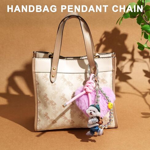 Heart pom Keychain for Women Plush Bag Charm Set, Blue PU Leather Strap & Dog Tag | Cute Purse Charms for Handbags in Kuwait