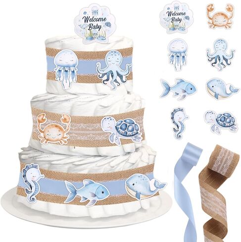 استحمام الطفل القصيرة موضوع ديكورات كعكة حفاضات ، عيد ميلاد ترحيب بوبرات الحفاضات الحفاضات اللوازم الأخضر ، وتشمل الشريط ، وبطاقات كعكة الحيوانات (حفاضات غير متضمنة) in Kuwait