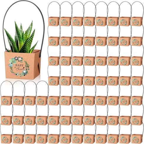 aliceset 100 pcs دع الحب ينمو غلافًا عصاريًا غبيًا ، حقيبة غلاف هدية عصارية مع مقبض بلاستيكي كرافت الورق ، مربع هدايا سلة طفل حفل زفاف ، لا تشمل وعاء النبات ， 2.2 × 2.1 × 2.1 بوصة in Kuwait