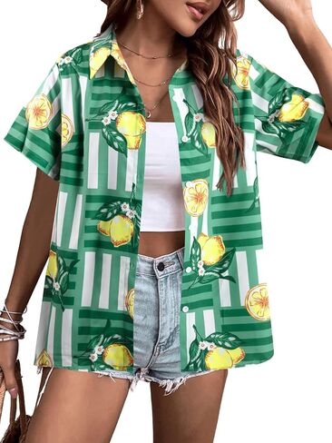 قمصان هاواي للنساء قمصان هاواي الاستوائية المطبوعة بالزهور بأزرار سفلية ورقبة على شكل حرف V وأكمام قصيرة وبلوزات علوية in Kuwait