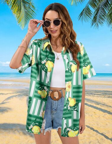 قمصان هاواي للنساء قمصان هاواي الاستوائية المطبوعة بالزهور بأزرار سفلية ورقبة على شكل حرف V وأكمام قصيرة وبلوزات علوية in Kuwait