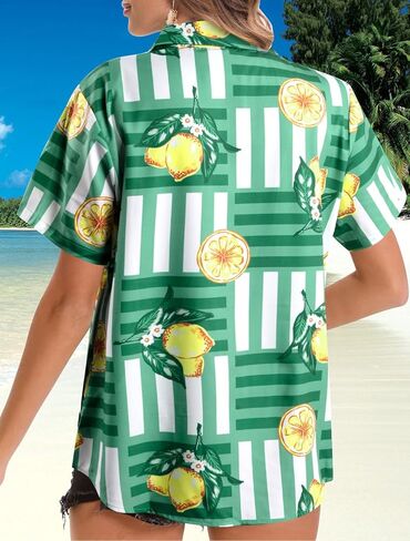 قمصان هاواي للنساء قمصان هاواي الاستوائية المطبوعة بالزهور بأزرار سفلية ورقبة على شكل حرف V وأكمام قصيرة وبلوزات علوية in Kuwait