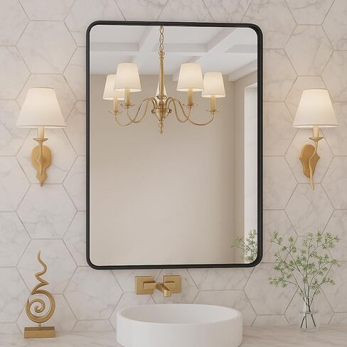 سوداء 22 × 30 بوصة مرآة معدنية مؤطرة للجدار ، مرآة مستطيلة مستديرة كبيرة ، مضادة للانتعاش ، والزجاج المقسى ، معلقة أفقيا أو عموديا in Saudi Arabia