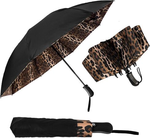 The Leopard 46" Inverted Inside Out Windproof Auto Open Leopard Print Reversible Compact Umbrella with C-Shaped Handle, Self Standing Reverse Umbrella, Strong Fiberglass Umbrella for Women & Men in Kuwait