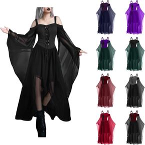 Women Witch Dress Plus Size Vampire Costume Halloween Cosplay Bat Sleeve Mesh Renaissance Medieval Gothic Dress in Saudi Arabia