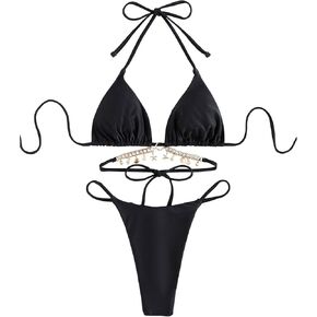 Milumia Women's Triangle String Bikini Set 2 Piece Metal Chain Tie Side Halter Swimsuit High Cut Thong Bathing Suit in Saudi Arabia