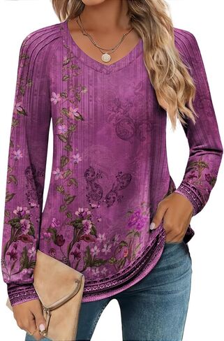 Zeagoo Long Sleeve Womens Tops V Neck Tunic Blouses Pleated Casual Shirts Fall Dressy Casual Loose Work Clothes 2025 in Kuwait