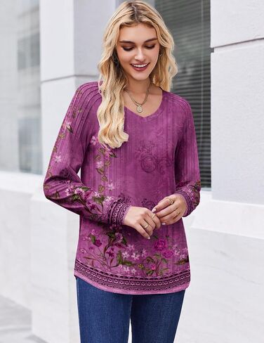 Zeagoo Long Sleeve Womens Tops V Neck Tunic Blouses Pleated Casual Shirts Fall Dressy Casual Loose Work Clothes 2025 in Kuwait