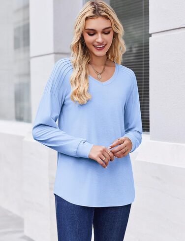 Zeagoo Long Sleeve Womens Tops V Neck Tunic Blouses Pleated Casual Shirts Fall Dressy Casual Loose Work Clothes 2025 in Kuwait