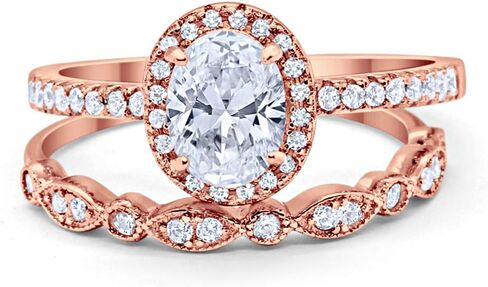 Blue Apple Co. Halo 2-Piece Art Deco Wedding Engagement Bridal Set Ring Band Oval Round Simulated Cubic Zirconia 925 Sterling Silver Choose Color in Saudi Arabia