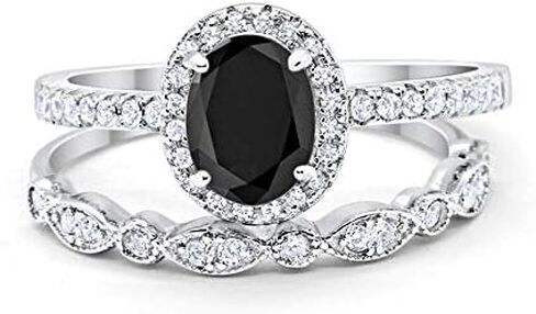 Blue Apple Co. Halo 2-Piece Art Deco Wedding Engagement Bridal Set Ring Band Oval Round Simulated Cubic Zirconia 925 Sterling Silver Choose Color in Saudi Arabia