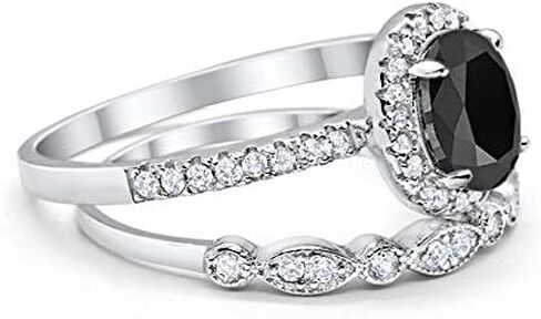 Blue Apple Co. Halo 2-Piece Art Deco Wedding Engagement Bridal Set Ring Band Oval Round Simulated Cubic Zirconia 925 Sterling Silver Choose Color in Saudi Arabia