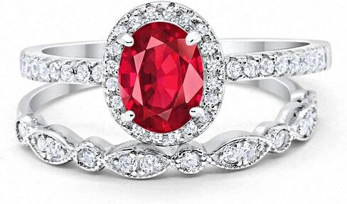 Blue Apple Co. Halo 2-Piece Art Deco Wedding Engagement Bridal Set Ring Band Oval Round Simulated Cubic Zirconia 925 Sterling Silver Choose Color in Saudi Arabia