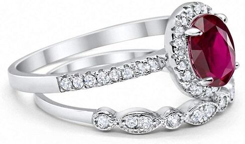 Blue Apple Co. Halo 2-Piece Art Deco Wedding Engagement Bridal Set Ring Band Oval Round Simulated Cubic Zirconia 925 Sterling Silver Choose Color in Saudi Arabia